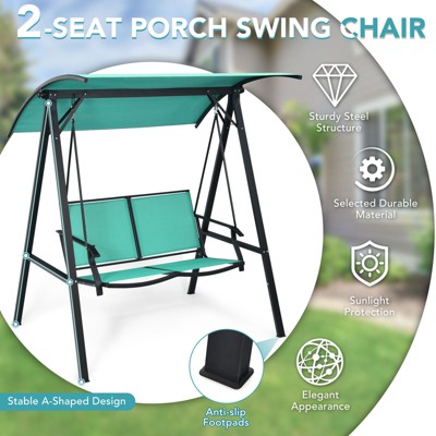 Green 2-Person Steel Frame Patio Swing with Adjustable Canopy