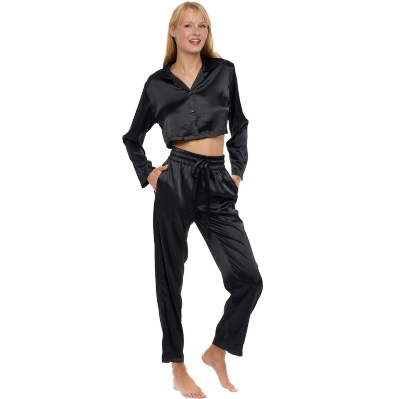 Women's Crop Top Satin Pajamas Lounge Set, Long Sleeve Top and Pants with Pockets, Silk like PJs, 1 of 4
