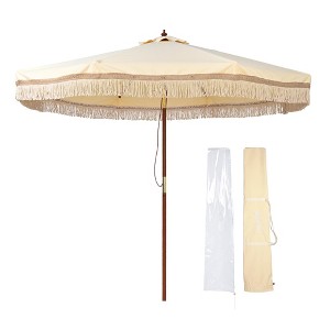 LAGarden BOHO 9' Fringe Patio Umbrella with Tassels UPF50+ Boho Style 5-Year-Non-Fading for Outdoor Yard Market Butter Twisted Root beige - 1 of 4