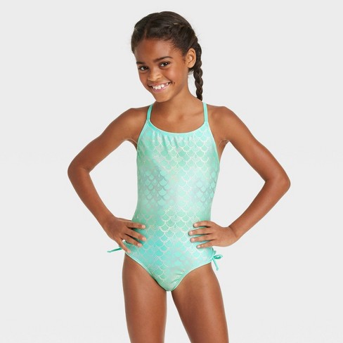 Tween Girl Tropical & Striped Print One Piece Swimsuit