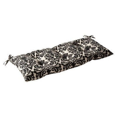Outdoor Tufted Bench/Loveseat/Swing Cushion - Black/Cream Floral - Pillow Perfect