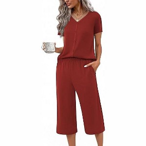 Ekouaer Women's Pajama Sets Short Sleeve Sleepwear Button Up Pj Loungewear Top and Capri Pants with Pockets - 1 of 4