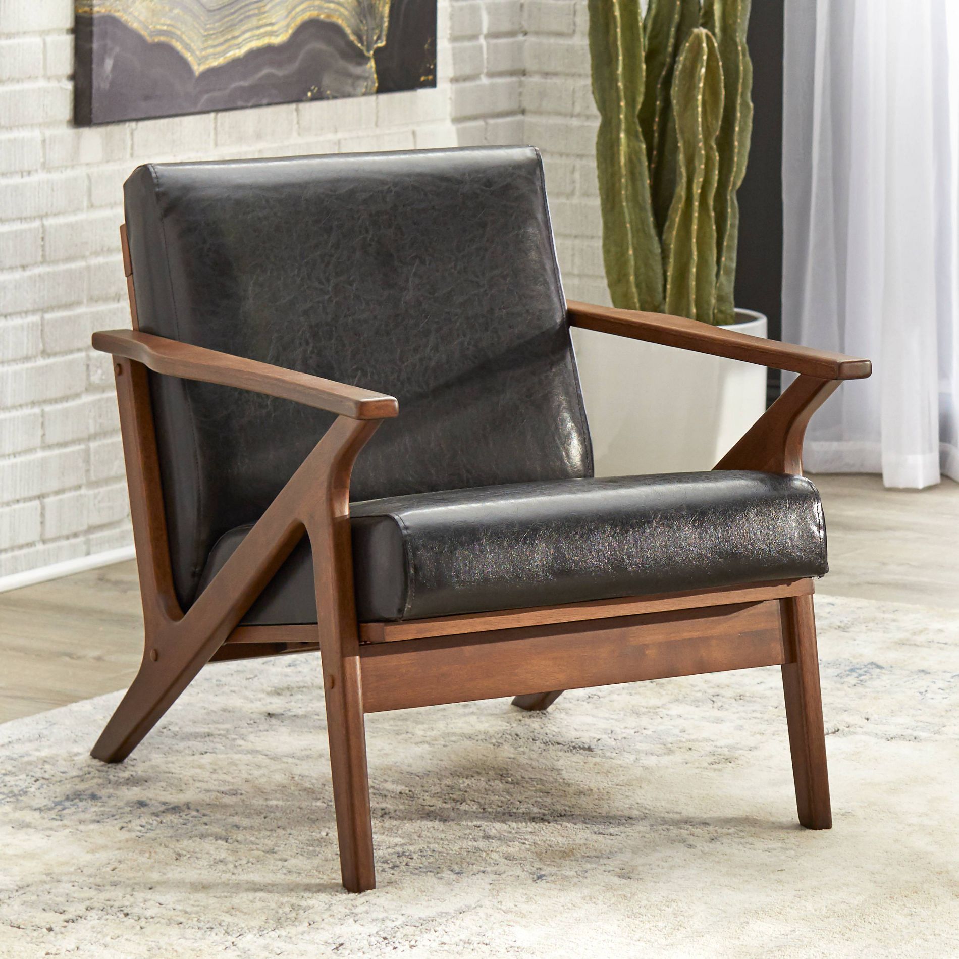 Buylateral Bianca Mid Century Modern Solid Wood Accent Chair Faux Leather Black/Walnut
