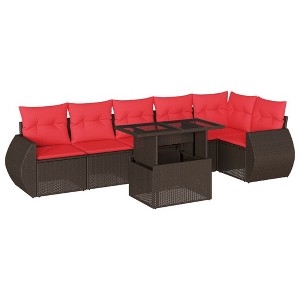 vidaXL Patio Sofa Set with Cushions and Table Outdoor 7 Piece Poly Rattan - Brown - 1 of 4