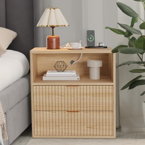 Fluted Farmhouse Nightstand with Charging Station: 2-Drawer End Table for Bedroom/Home Office - 1 of 4