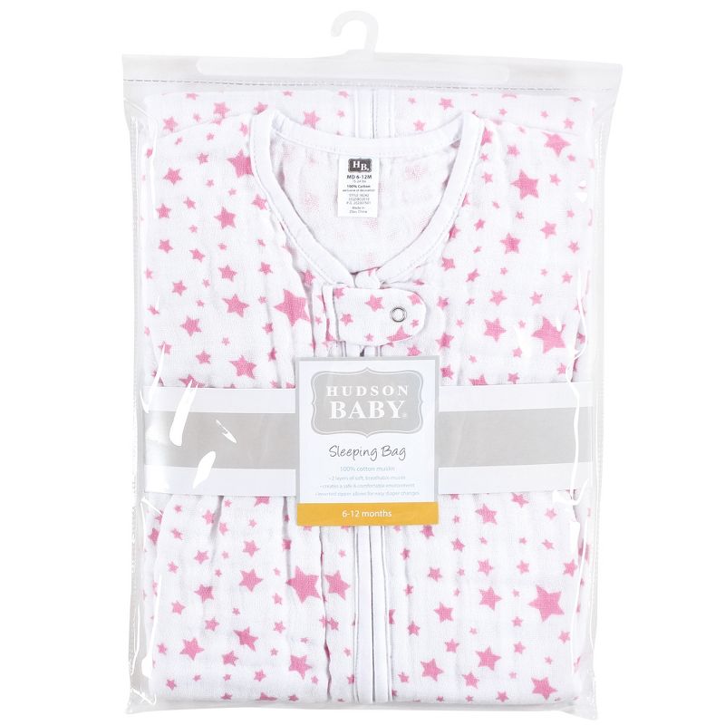 Hudson Baby Infant Girl Long Sleeve Muslin Sleeping Bag, Wearable Blanket, Sleep Sack, Pink Star, 3 of 4