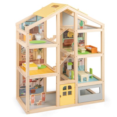 Safstar Kids Wooden Dollhouse with 7 Rooms 18 Pcs Furniture Accessories 2 Figures