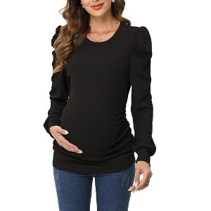 Pregnancy Shirts Women's Knit Ribbed Maternity Top Casual Mock Neck Puff Long Sleeve Ruched Tunic Pullover Shirt for Pregnant Women Green1long 2XL - 1 of 2
