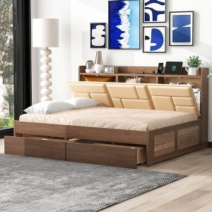 NicBex Wood Twin/Full Size Daybed with Upholstered Storage Shelves,USB Ports and 2 Drawers for Bedroom,Living Room,Apartment,Brown - 1 of 4