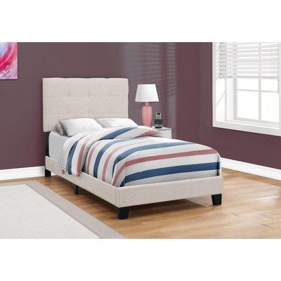 Monarch Specialties Bed Twin Size Platform Teen Frame Upholstered Linen Look Wood Legs Beige Black Transitional