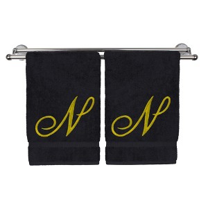 BC BARE COTTON Monogrammed Hand Towel, 100% Turkish Cotton - Set of 2 - Black - Gold Script - 1 of 1
