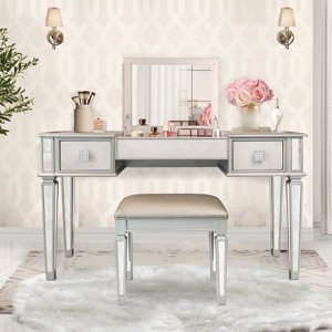 Okak Vanity Table with Drawers and Lights, Mirrored Vanities Desk with Drawers, Bedroom Makeup Vanity Table Set with Mirror and Stool - 1 of 4