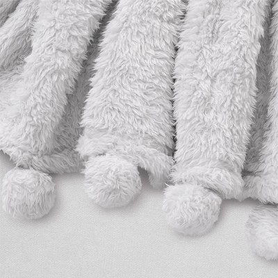 White Sherpa Fleece Throw Blanket with Pom Pom Fringe