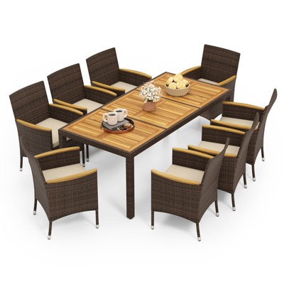 Tangkula 9 Pieces Patio Dining Set for 8 Outdoor Rectangular Acacia Wood Table and PE Rattan Chairs with Umbrella Hole