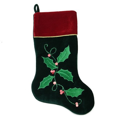 Northlight 20" Dark Green and Burgundy Holly Berry Christmas Stocking with Red Velveteen Cuff