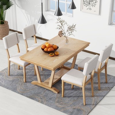 5-piece Dining Table Set with 4 Upholstered Chairs, 59-inch Rectangular Dining Table with Trestle Table Base -  Maison Boucle