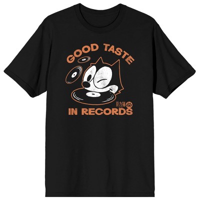 Felix Good Taste in Records on Black Adult Crew Neck Short Sleeve T-shirt