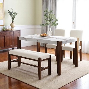 4-Piece Dining Table Set with Faux Marble 46" Table, 2 Upholstered Chairs and Bench, Space-Saving Kitchen Dinette for Dining Room or Kitchen - 1 of 4