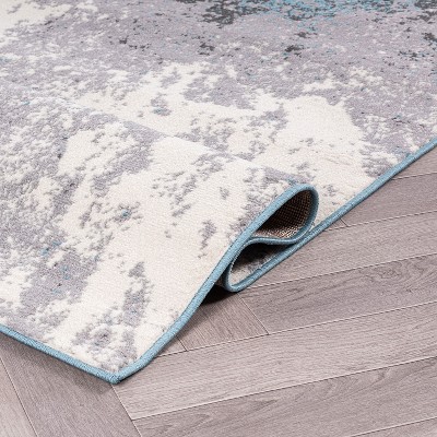 Modern Abstract Gray and Blue Stain Resistant Area Rug
