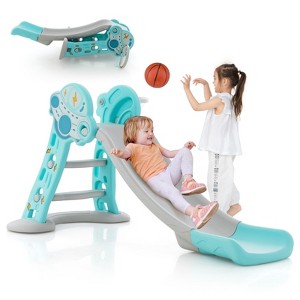 Costway 3-in-1 Kids Indoor Slide with Basketball Hoop & Basketball, Safe Buffer Zone Blue/Pink - 1 of 4