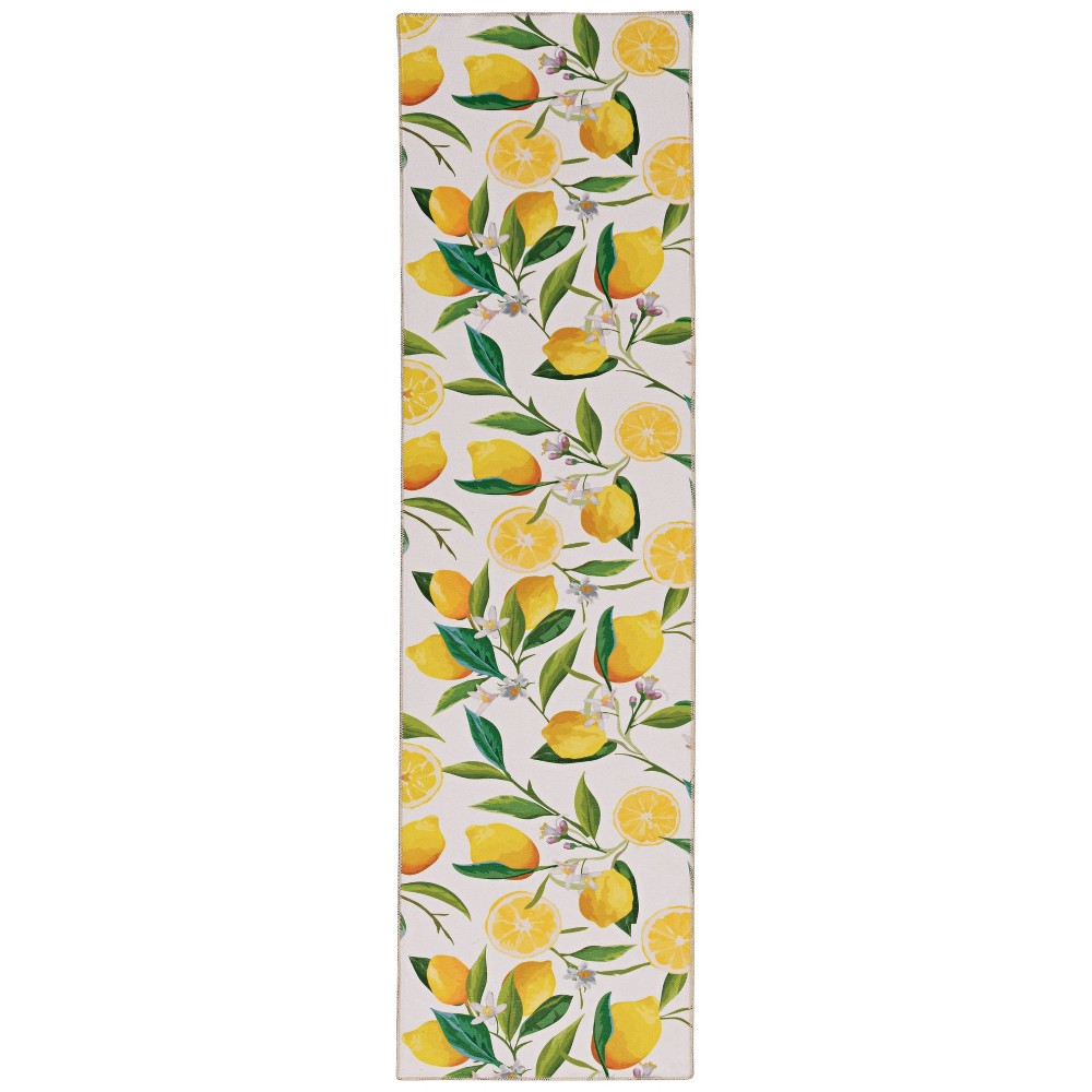 2'x8' Washable Sumner Rug Ivory/Yellow - Linon: Stain-Resistant Kitchen Mat, Contemporary Lemon Pattern