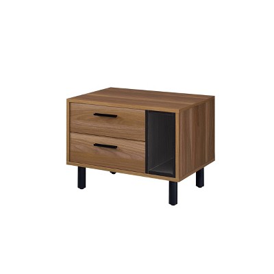 Brown Oak and Black Metal Rectangular Accent Table with Storage