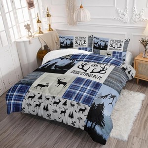 Acoinel 3 Pcs Deer Hunting Patchwork Lightwight Ultra Soft Comforter Set with 2 Pillowcases, TWIN, Blue - 1 of 4