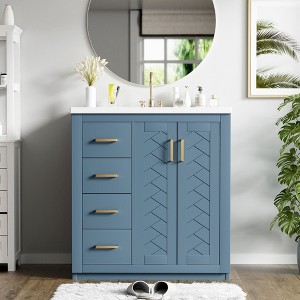 Okak 30" Multi-function Bathroom Vanity with Ceramic Sink, Freestanding Large Storage Bathroom Cabinet with Soft Closing Doors & 3 Drawers - 1 of 4