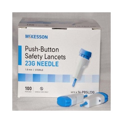 McKesson Safety Lancet, Fixed Depth Lancet Needle 1.8 mm Depth 23 Gauge Push Button (Box of 100)