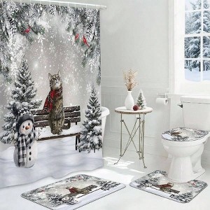 4pcs Winter Shower Curtain Set with Non - Slip Rugs Toilet Lid Cover and Bath Cute Snowman Snowflake Scene Pine Tree - 1 of 4