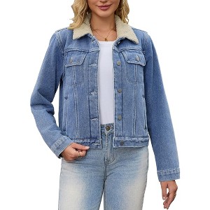 INSPIRE CHIC Women's Faux Fur Collar Fleece Lined Winter Thicken Denim Trucker Jacket - 1 of 4