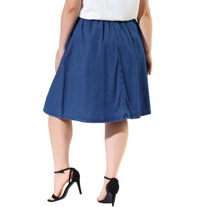 Agnes Orinda Women's Plus Size Denim Tie Waist Button Front A-Line Midi Skirts, 5 of 7