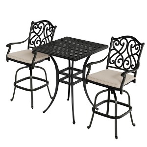 Mondawe Black 3-Piece Cast Aluminum Patio Outdoor Bistro Set with 2 High Bar Swivel Chairs, Square Table (Seat 2) - 1 of 4