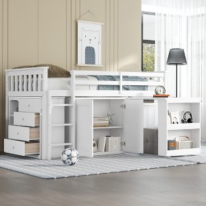 GDFStudio Rae 4 Piece Rubber Wood Twin Loft Bedroom Furniture Set with Pulling-Out Desk, Drawer and Shelf Cabinet - 1 of 4