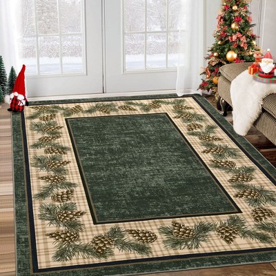Christmas Area Rug Washbale Rug Plaid Rug with Pinecorn Xmas Rug