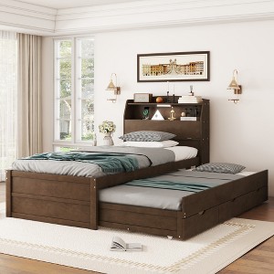 Twin/Full Size Wooden LED Platform Bed with Trundle, Storage Headboard and Drawers 4L - ModernLuxe - 1 of 4