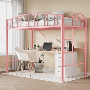 Twin Loft Bed with Stairs & Arched Guardrail, Metal Platform Bed with Strong Slats, Space-Saving, Noise-Free, No Box Spring Needed, Kids & Dorm Room - 1 of 4