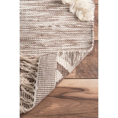 Handmade Beige Wool Shag Rug with Geometric Braided Tassels, 4' x 6'