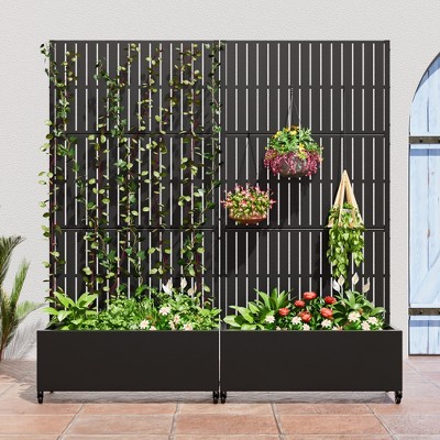 Wooakway Black Metal Planter Box with Trellis Raised Garden Bed with Arbor Privacy Screen with Wheels