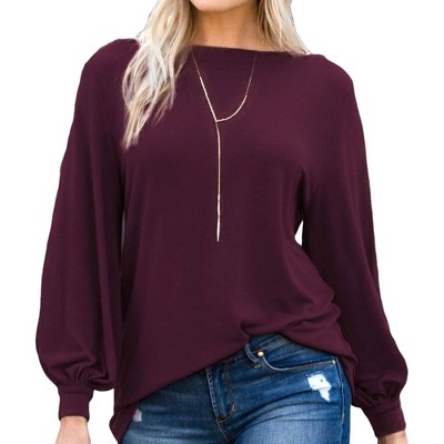 Amaryllis Women's Long-Sleeve Casual Boat Neck Loose-Fit Blouse Soft Stretchy Knit
