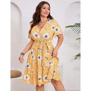 Garvee Plus Size V Neck Wrap Dress for Women High Waisted Short Sleeves Summer Casual Midi Dress with Belt - 1 of 4