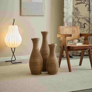 Angel Sar 3-Piece Beige Woven PVC Floor Vase Set, Artificial Weave Tall Flower Stand for Dried Stems, Boho Home Decor for Living Room & Entryway - 1 of 4