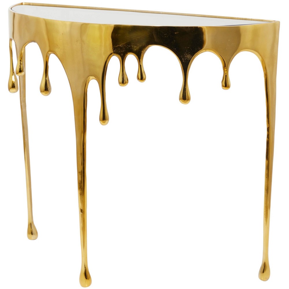 Olivia & May Aluminum Drip Console Table with Melting Designed Legs and Shaded Glass Top Gold