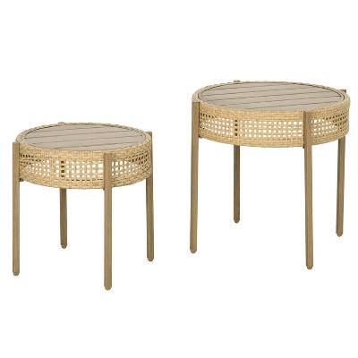 23.2'' 2 Piece Wicker Patio Table Set, PE Rattan End Table Set, Outdoor Round Coffee Table Set Yellow