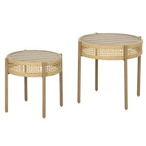 23.2'' 2 Piece Wicker Patio Table Set, PE Rattan End Table Set, Outdoor Round Coffee Table Set Yellow - 1 of 4