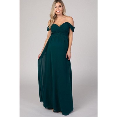 PinkBlush Forest Green Off Shoulder Chiffon Maxi Maternity Dress