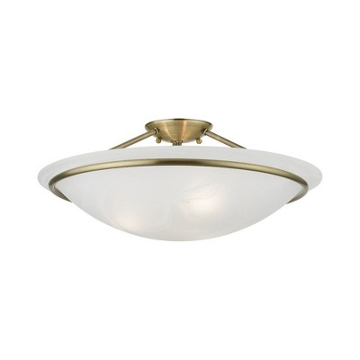 Antique Brass 3-Light Semi-Flush Mount with Alabaster Glass
