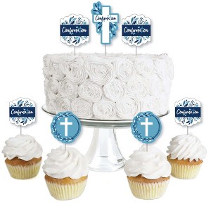 Big Dot of Happiness Confirmation Blue Elegant Cross - Dessert Cupcake Toppers - Boy Religious Party Clear Treat Picks - Set of 24 - 1 of 4