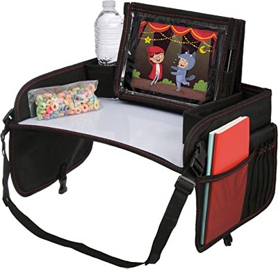 Lusso Gear Kids Travel Activity Tray for Car, Airplane or Booster Seat, Black with Red Stitching