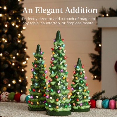 Set of 3 Green Ceramic Tabletop Christmas Trees with Multicolor Lights